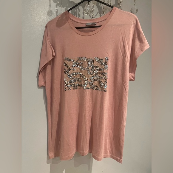Zara Collection Women’s T-Shirt Short Sleeve Sequined Front Pink Size L - Picture 1 of 5
